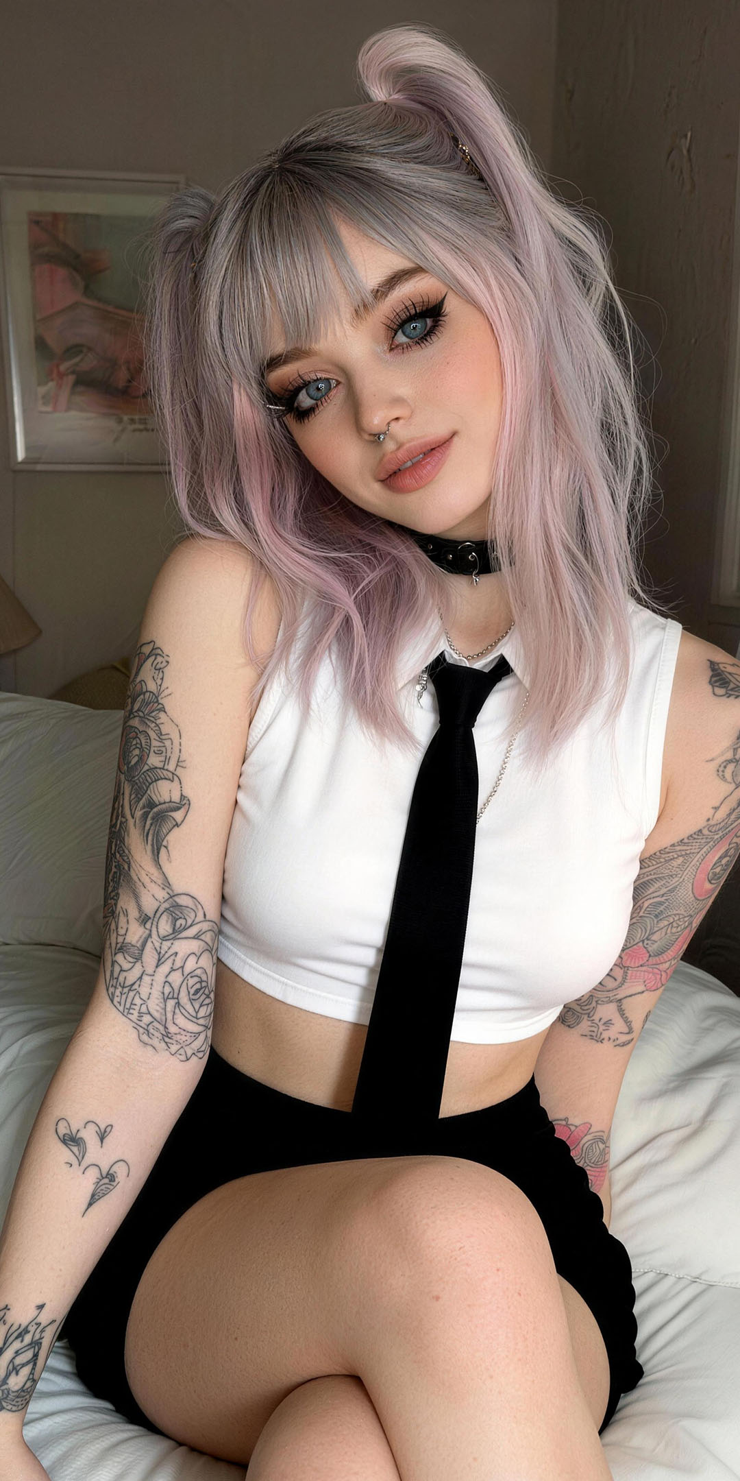 OnlyGF AI companion with silver-pink hair in a personalized story scene